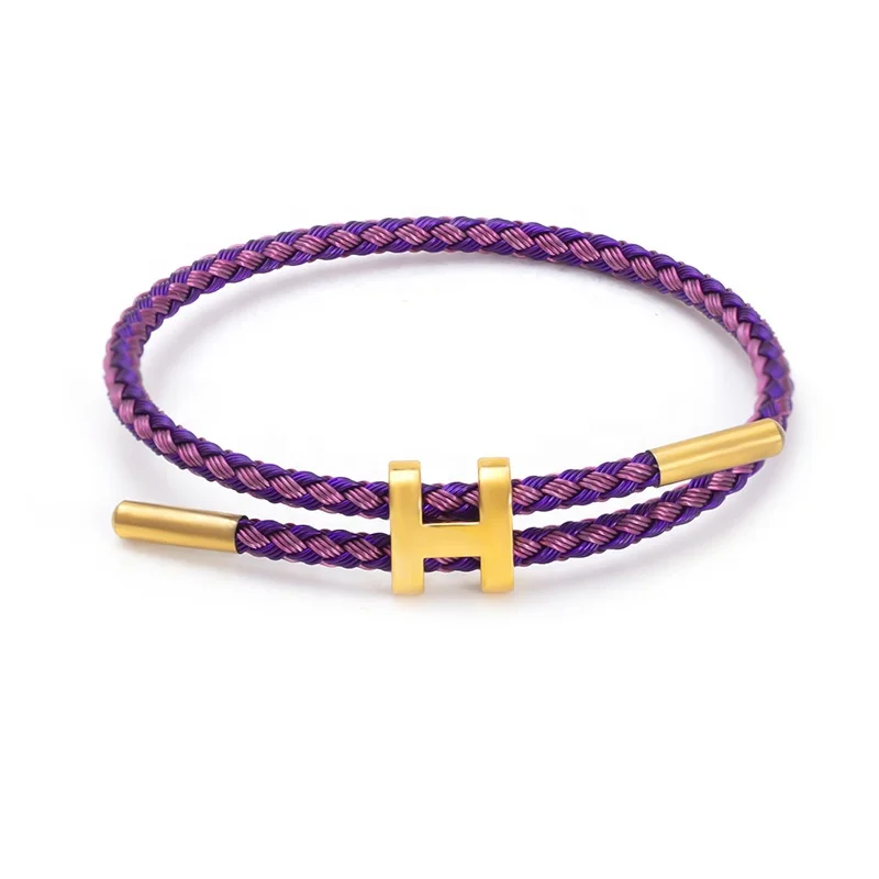 Hot Selling Fashion Jewelry Lucky Multi Color Woven Bracelet H Buckle Adjustable 18K Gold Stainless Steel Wire Rope Bangle Women