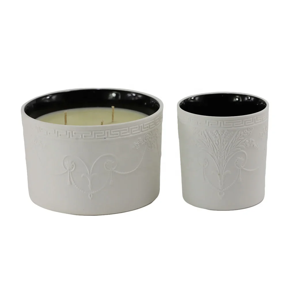 full custom eco-friendly nordic embossed logo wedding christmas decoration matte white ceramic candle jar vessels with lids