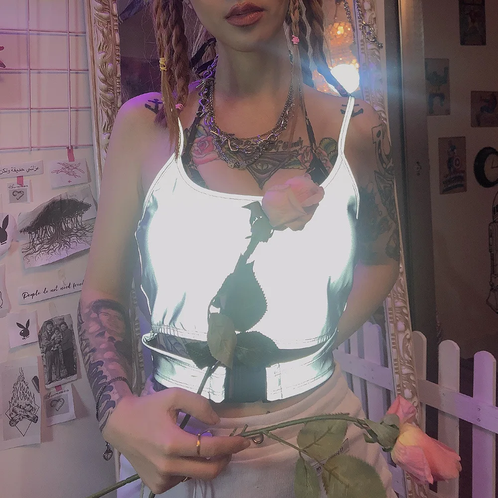 
Glitter Women Tube Top Blouse 2019 Summer Streetwear Buckles Reflective Crop Top 