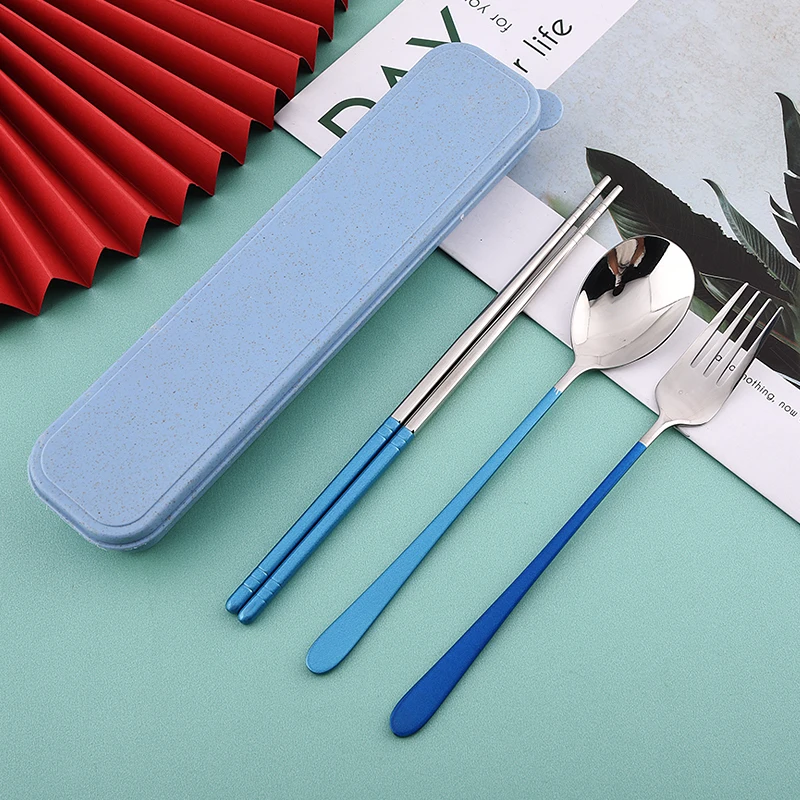 Modern Fashion Korean Silver Flatware Set  3 Pcs Chopsticks Spoon Fork Wholesale Stainless Steel Plastic Box Portable