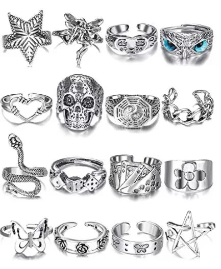16Pcs Rings Set Vintage Punk Rings for Men Adjustable Dragon Snake Frog Skull Alloy Cool Gothic Jewelry for Men Women