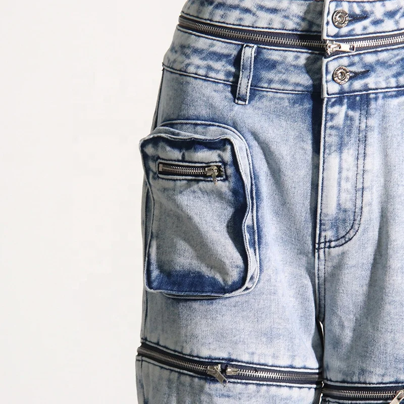 OUDINA Fashion Personality Hollow Deconstructed Pocket Denim Trousers Mujer Femmes Women Pants Cargo Jeans