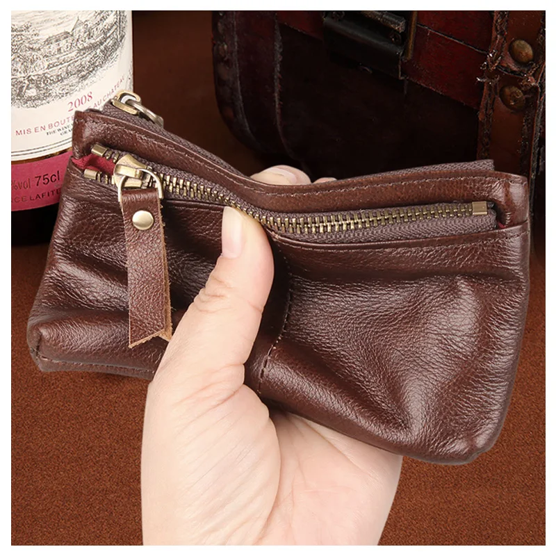 High Quality Vintage Cowhide Leather Mini Clutch Bags Zipper Coin Purse Key Case Daily Women Wristlet Wallet