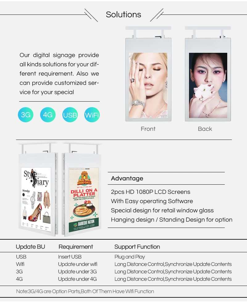 2018 new Double 43 inch FHD 800nits screen hanging advertising machine double sided android advertising player