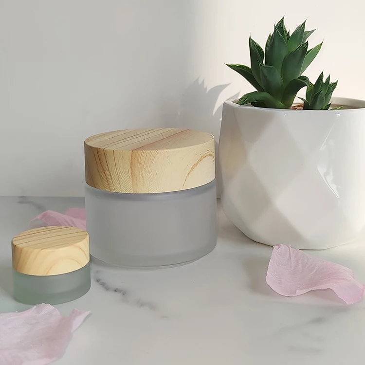 Wholesale 5g 10g 15g 30g 50g 100g cream skincare packaging white frosted glass jar with bamboo Plastic wood grain
