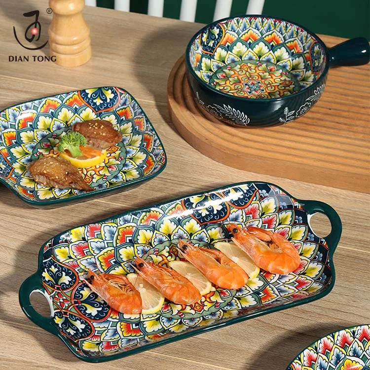 Restaurant Weeding Decorative Luxury Bohemian Tableware Square Ceramics Dishes Ceramic Dinner Plate Bowls Porcelain Plates Set