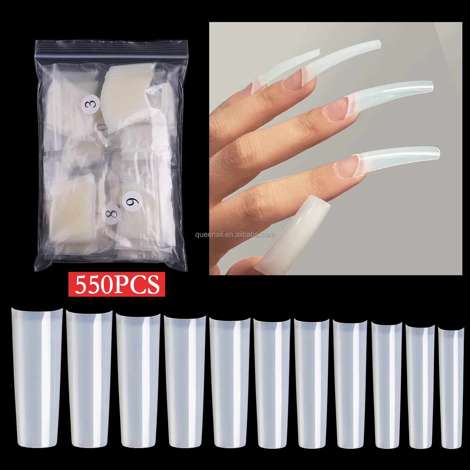 550pcs Box Artificial False Nail Long Straight No C Curve Square Nail Tip Clear Natural XXXL ABS French Half Cover Nail Tips