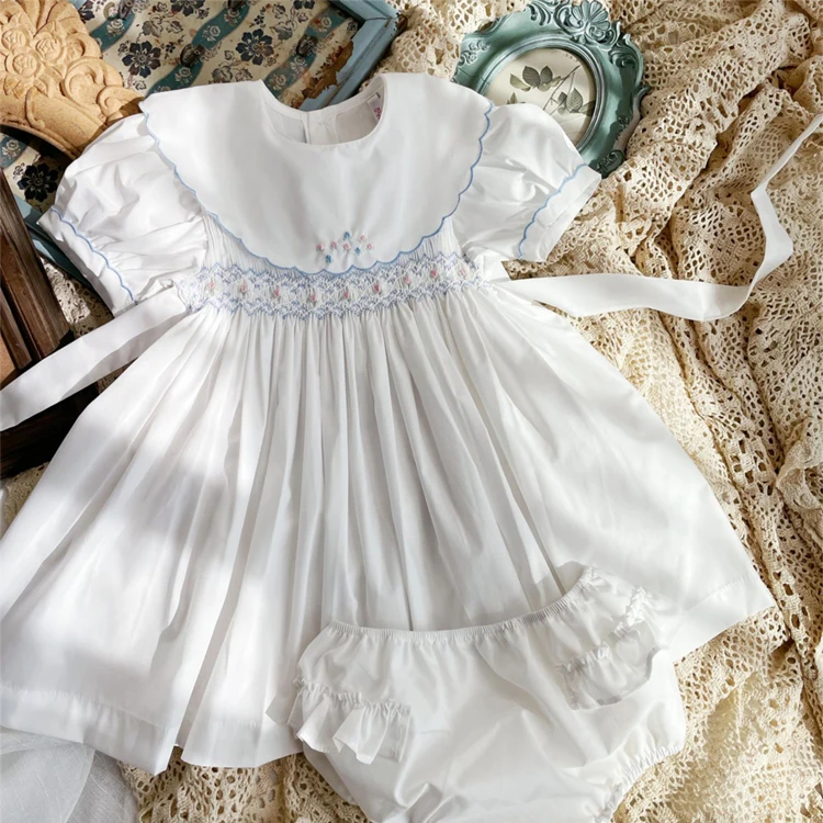 Summer White Cotton Fabric 2pcs Kids Boutique Smocking Clothes Set Baby Girls Handmade Smocked Baby Girl Fancy Dress