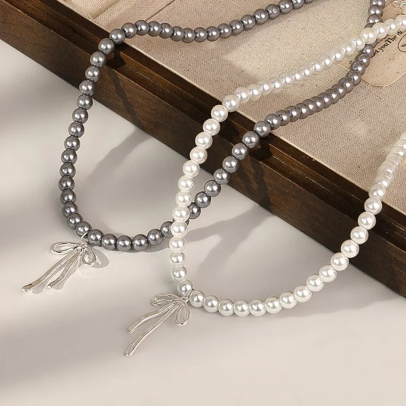 Trendy Fashion Jewelry White Pearl Beaded Big Bowknot Charm Necklaces for Women Girl