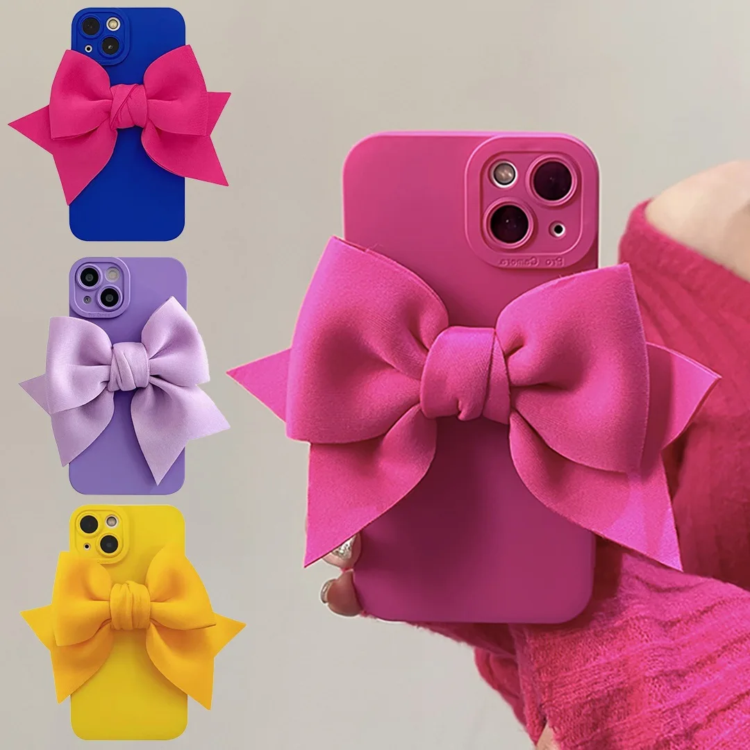 Fluorescence Matte 3D Cute Bowknot Soft Silicone Phone Cases For iPhone 14 13 Pro Max 12 11 XR 7 8 Plus Camera Protective Cover