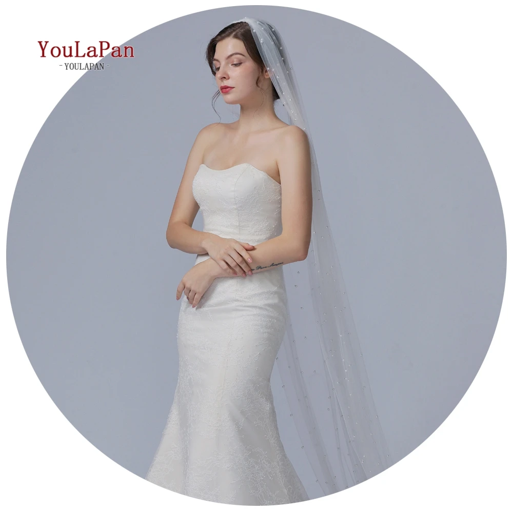 
YouLaPan V05 Pearl Bridal Veils with 3 Meters Trim Beaded Cathedral Wedding Tulle Wedding Weil 