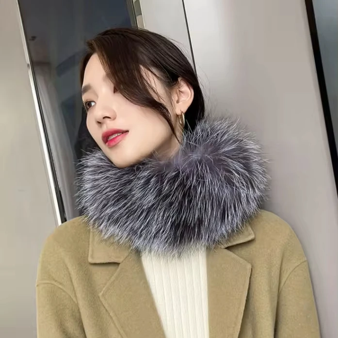 Wholesale Real Fox Fur Headband Winter Women Silver Fox Fur Scarf Knitted Soft Fluffy Fur Collar Neckerchief