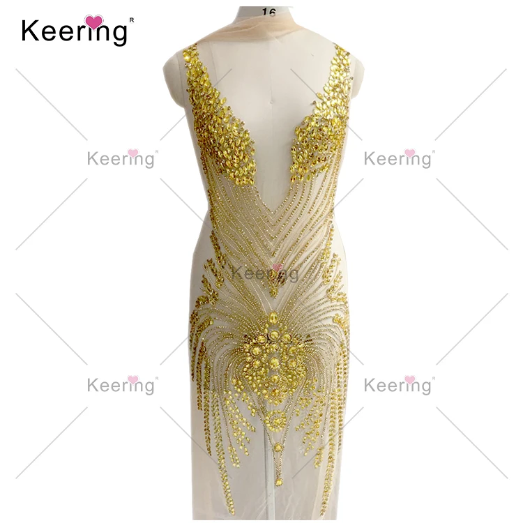 Full body gold  stone beaded applique  wedding lace fabric for sewing on evening dress WDP-066