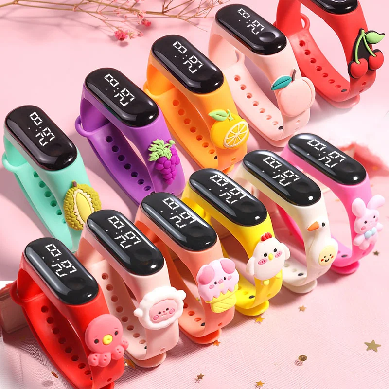 OEM Children Unique Cartoon Touch Fruits and Flower Animal Silicone Retro Wrap Bracelet Unisex Kids Waterproof Digital Led