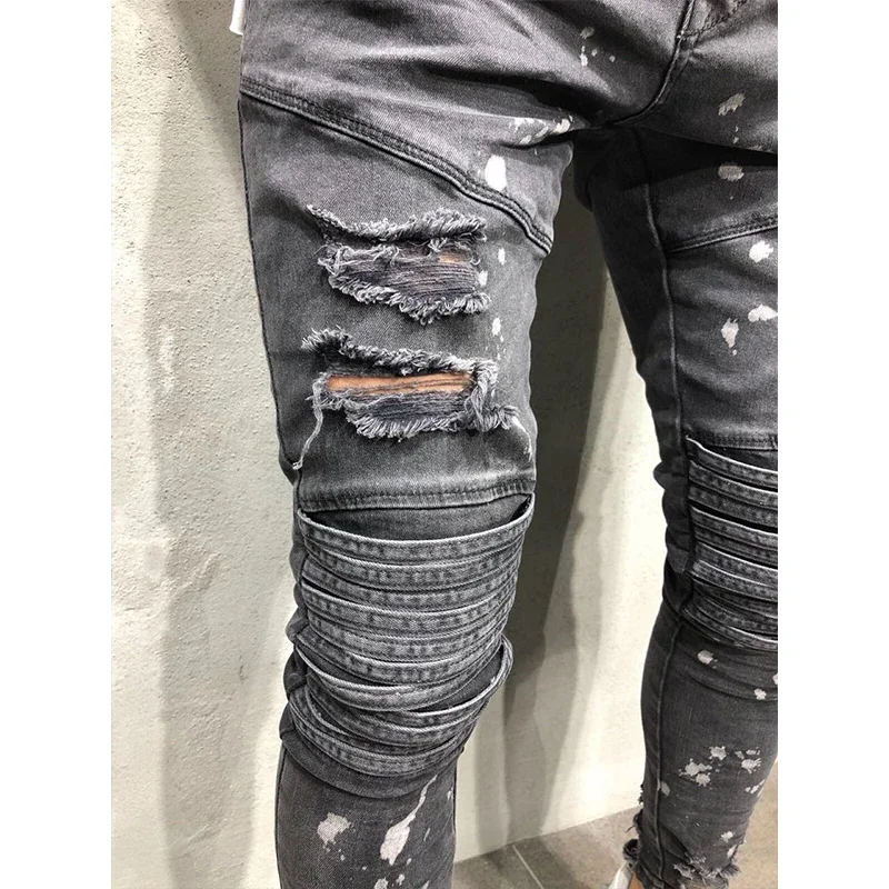 Men Custom Jean Patch Black Straight Jeans Men Painted Ripped Jeans for Men