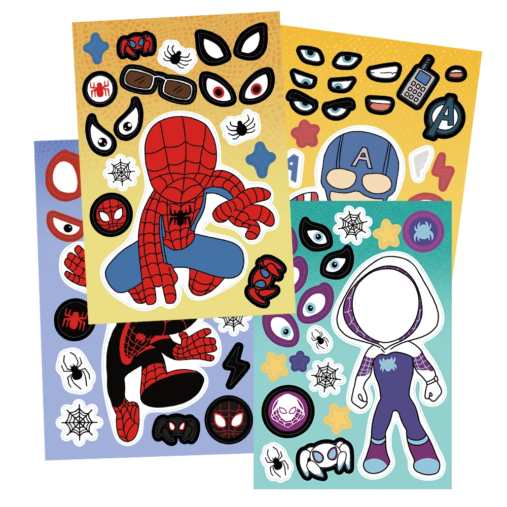 8 Sheets Creative cartoon Heroes Make a face sticker DIY PHONE Skateboard Guitar Luggage waterproof Children Puzzle