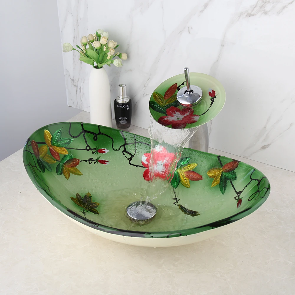 JIENI Tempered Glass Art Wash Basin Green Mixer Waterfall Faucet Pop Up Drain Combo