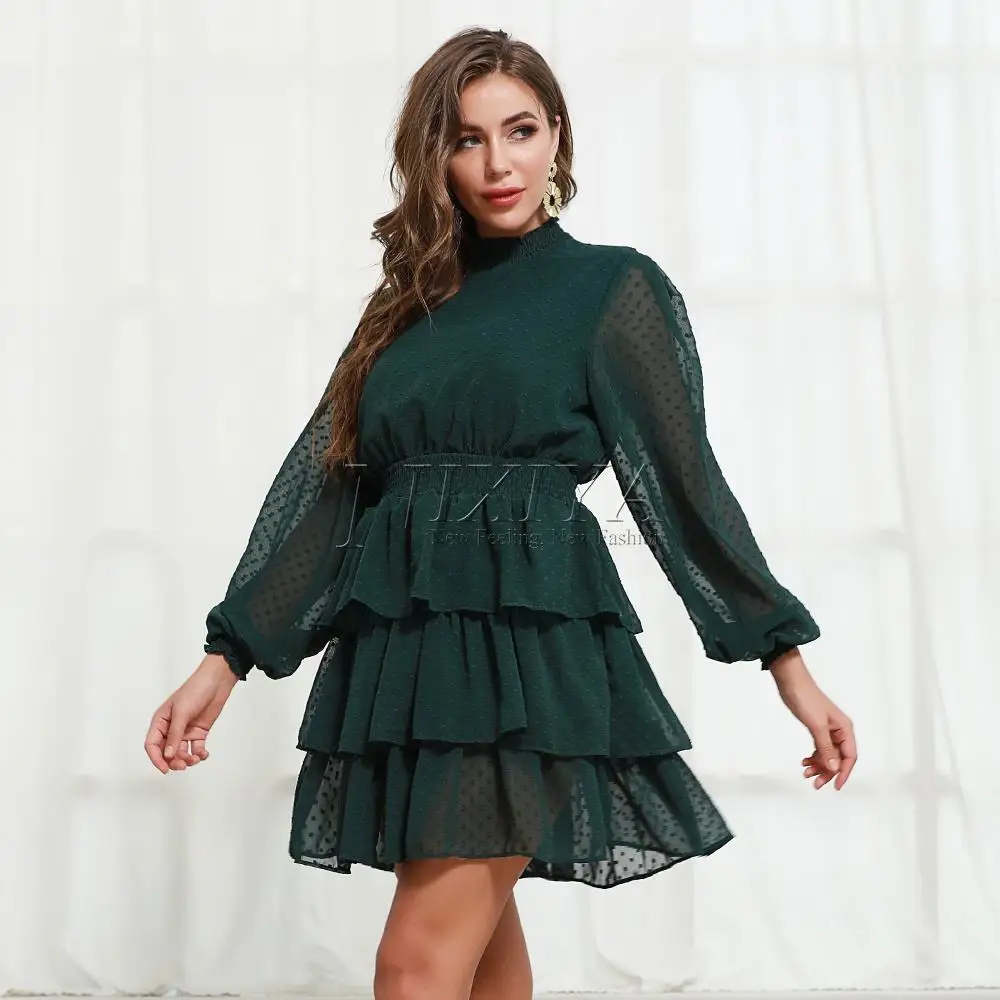New Design Lady Summer Chiffon Cake Layer Long Sleeve Casual Dress Dark green dress