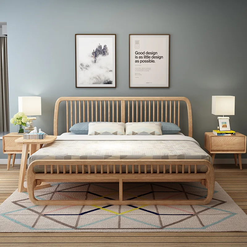 Nordic Solid Wood Bed 1.8 m  White Wax Wood Wedding /Simple Personality Creative Bed Double Bed