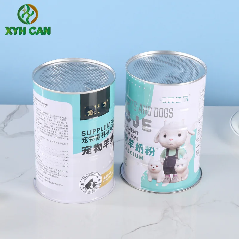High-Grade Tin Metal Packaging Pet Milk Powder Cans Custom Color Printing Shape Easy-to-Tear Lid + Plastic Lid Custom Capacity