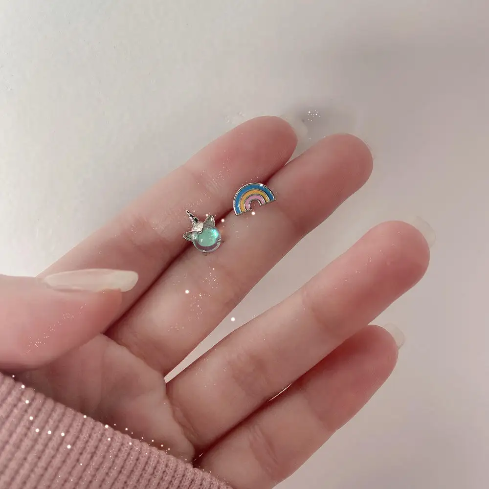 Gold Plated Stud Earrings Baby Girl Style Surgical Stainless Steel Colorful Zircon Opal Cute Animal Kids Unicorn Earrings Studs