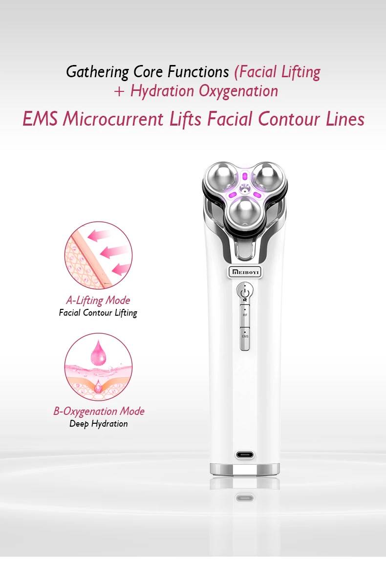 Meiboyi 3 in 1 EMS Microcurrent Heating Oxygen Nano Mist Gun Facial Wrinkle Removing Tightening Beauty Face Massager Home use