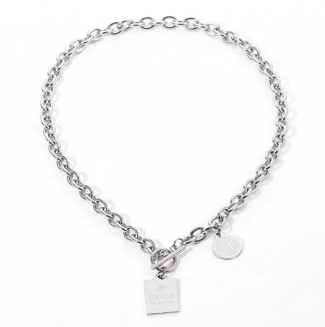 
Stainless steel Harajuku hiphop style Rectangle pendant short necklace choker jewelry unisex with engraved letter love 