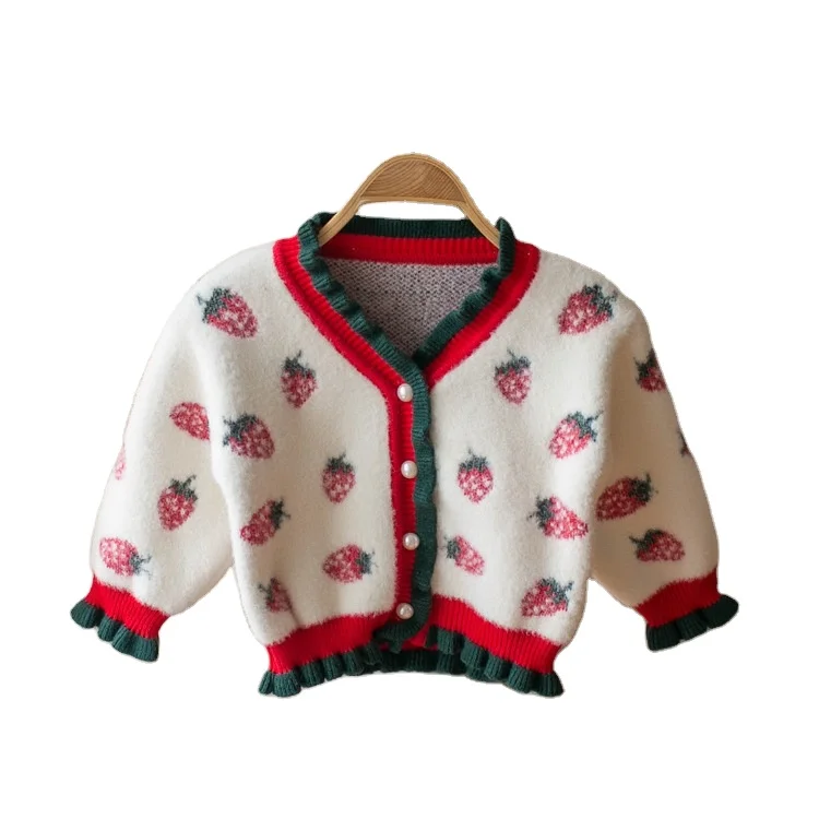 
Autumn Cute Strawberry V Neck Ruffled Knitted Girls Sweater Cardigan 