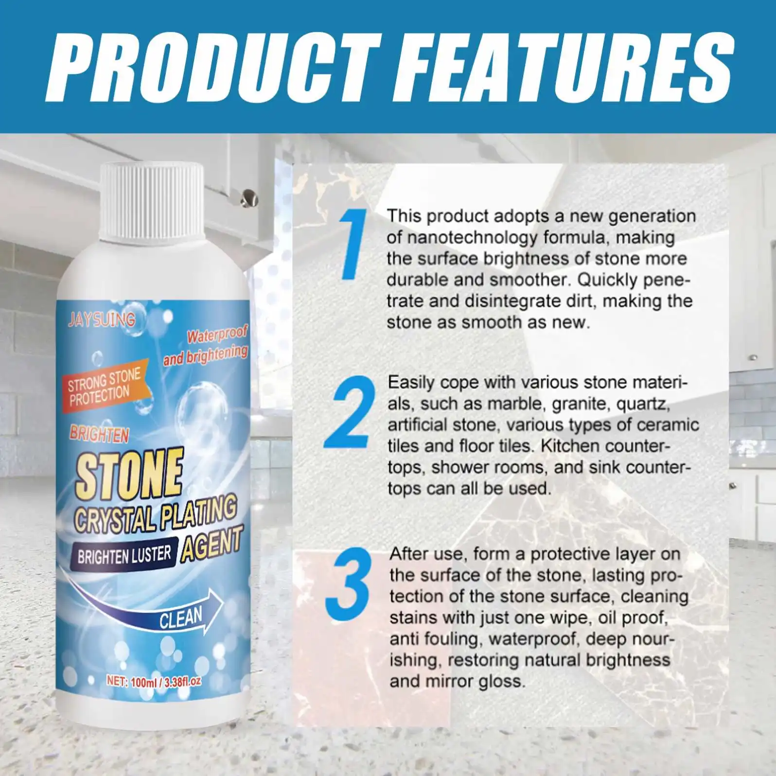 Jaysuing Wholesale OEM 100ML Crystal Plating Agent Kitchen Quartz Stone Tile Countertop Scratch Repairing Cleaning Brightener