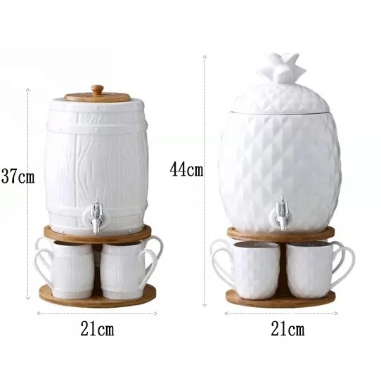 1 Gallon Dispenser White Ceramics Cold Water Kettle Tea Cup Desktop Drink Dispenser with Tray Set