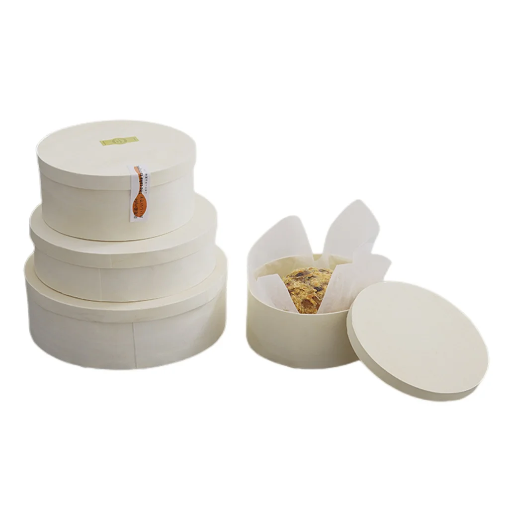 Factory price eco-friendly kitchen wood bread dessert box lightweight birch bark chocolate christmas round wooden packing boxes