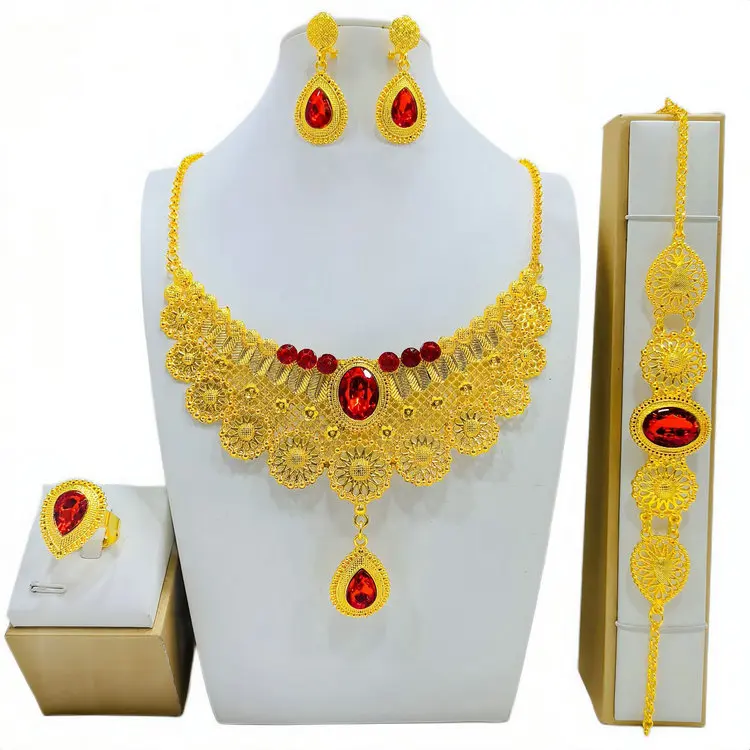 New Bridal Jewelry sets Dubai 24K gold plated African wedding wife gifts necklace bracelet earrings ring jewellery set women