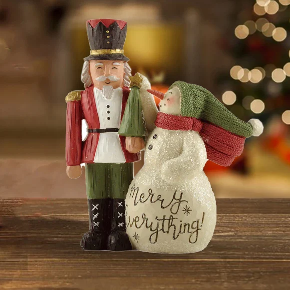 New Design Resin Snowman Crafts Cute Walnut Soldier and Snowman Figurines for Home Decor