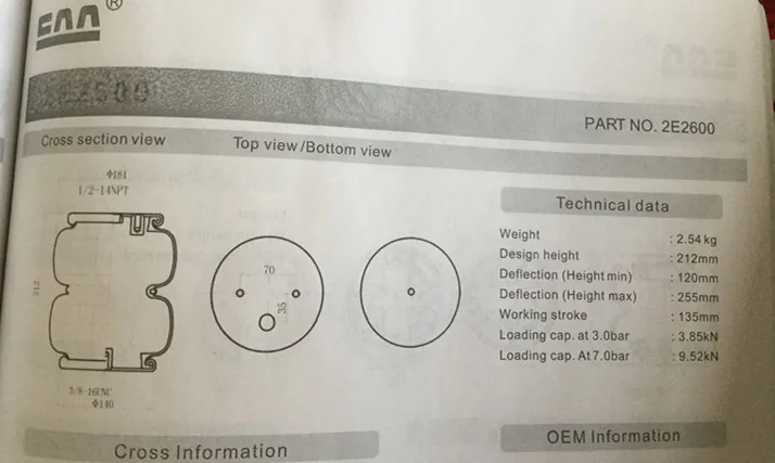 universal air suspension bags bellows air spring assembly 2E2600
