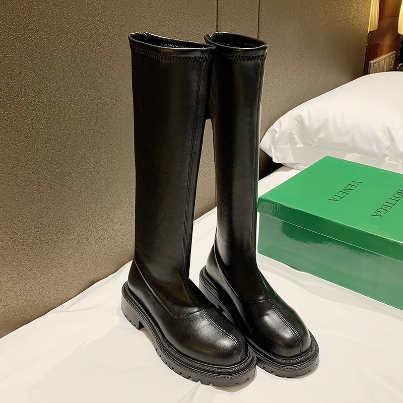 Wholesale Winter Fashion Women Black Lace Up Knee-High Boots Leather Female Boots For Women