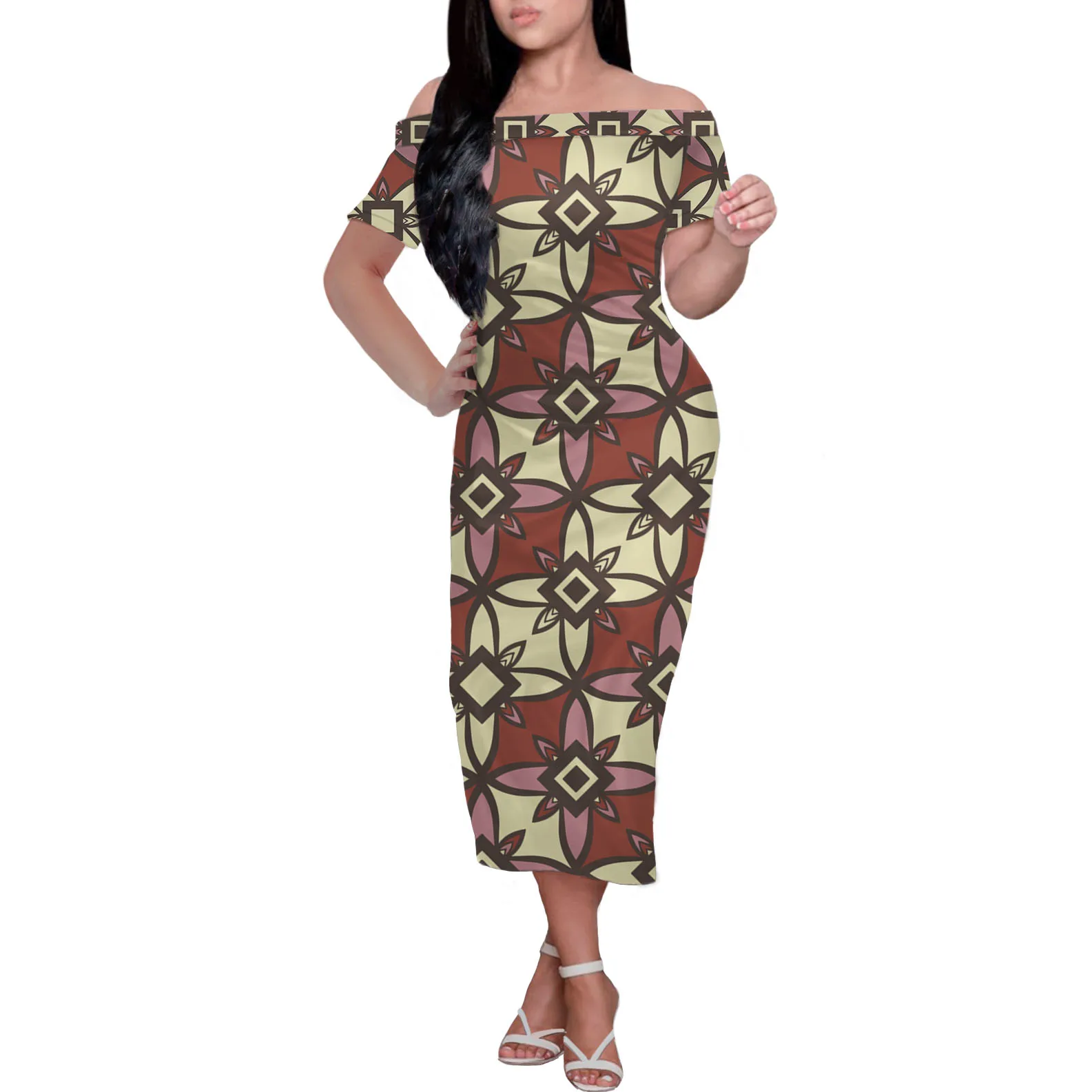 
Samoa Polynesian Tribal Hibiscus Pattern Style 2021 Women Clothing Sexy Dress Off Shoulder Summer Party Beach Midi Dresses 