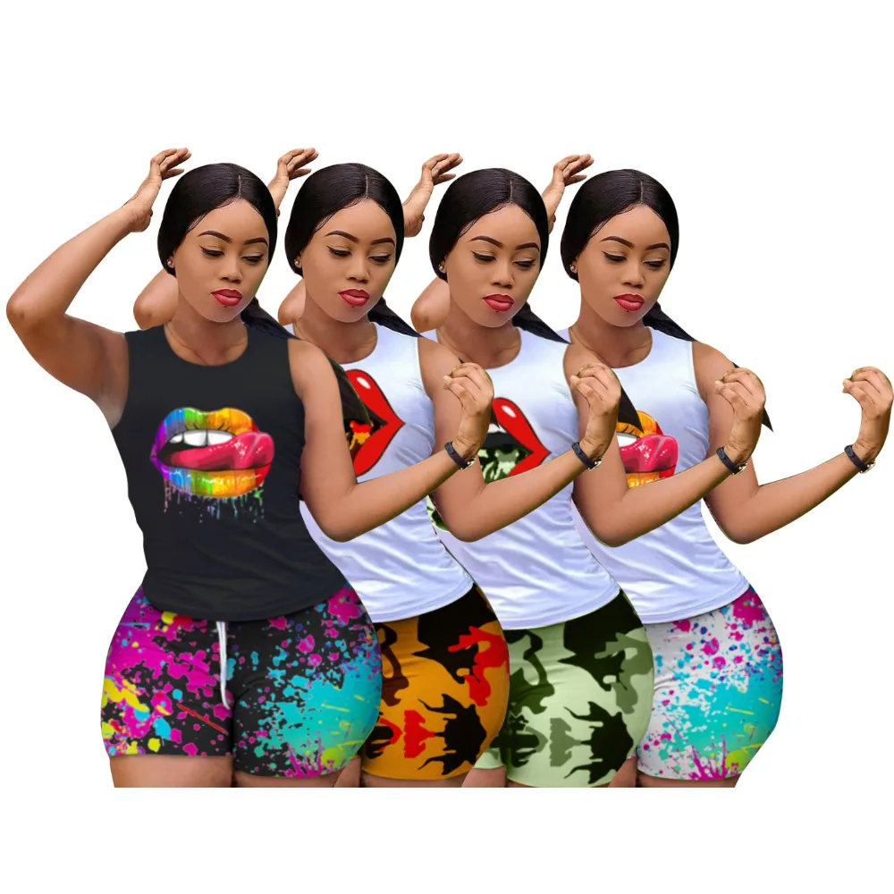 Z33815 New two piece set women clothing O Neck Sleeveless Womens tie dye print two piece set tops shorts