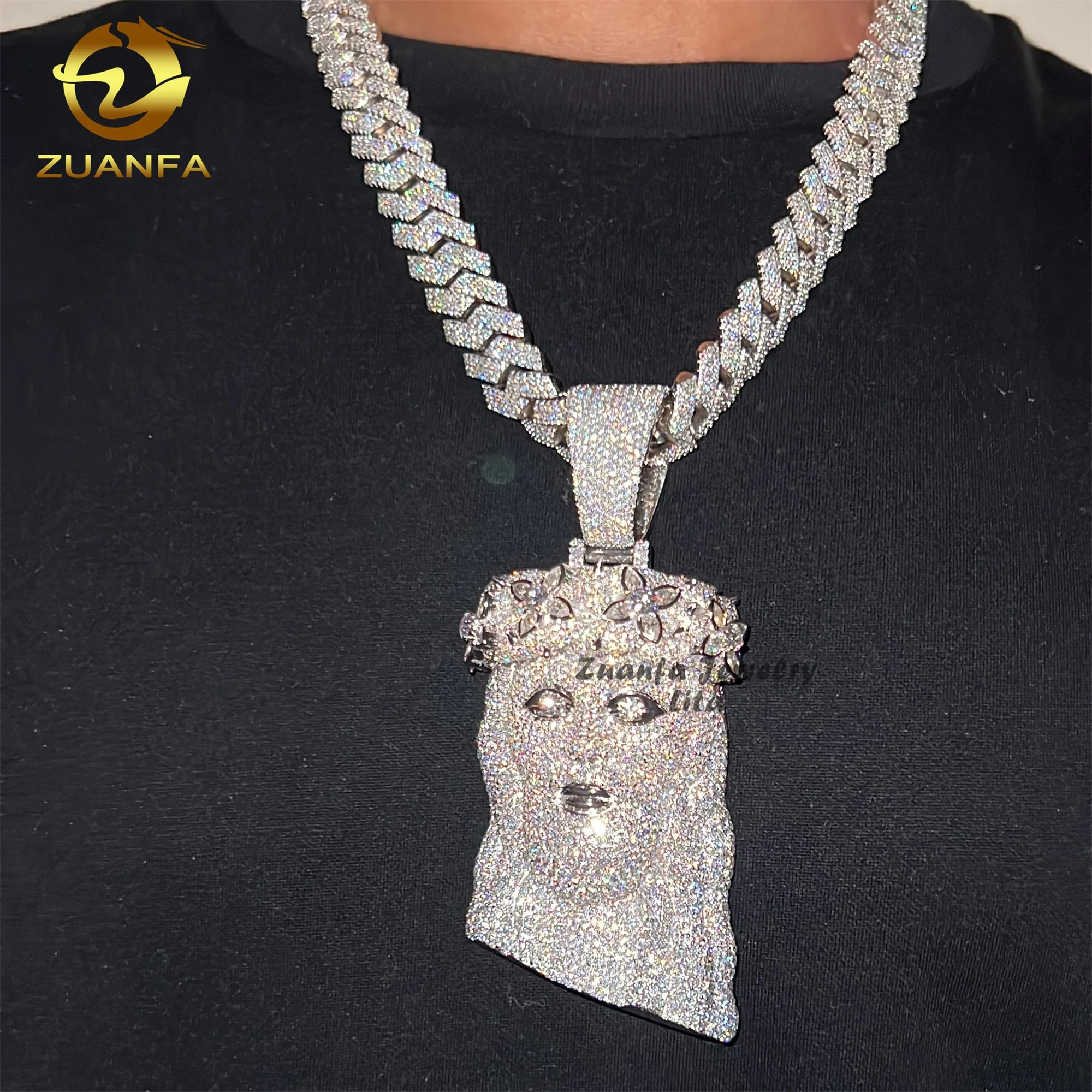 Luxury Rapper Style Hip Hop Flower Bezel 925 Sterling Silver Fully Iced Out Jesus Moissanite Pendant for Men
