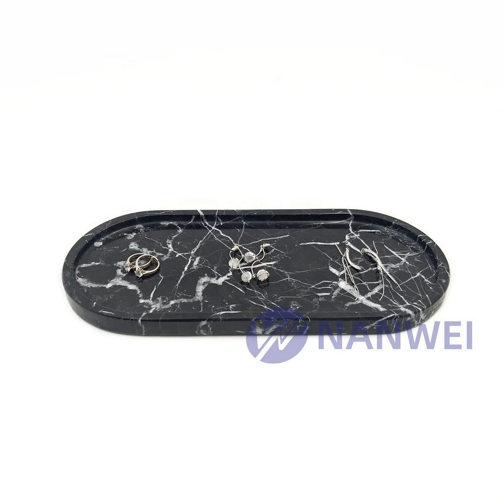 Nanwei Stone Custom Oval Black Marquina Marble Cafeteria Serving Tray