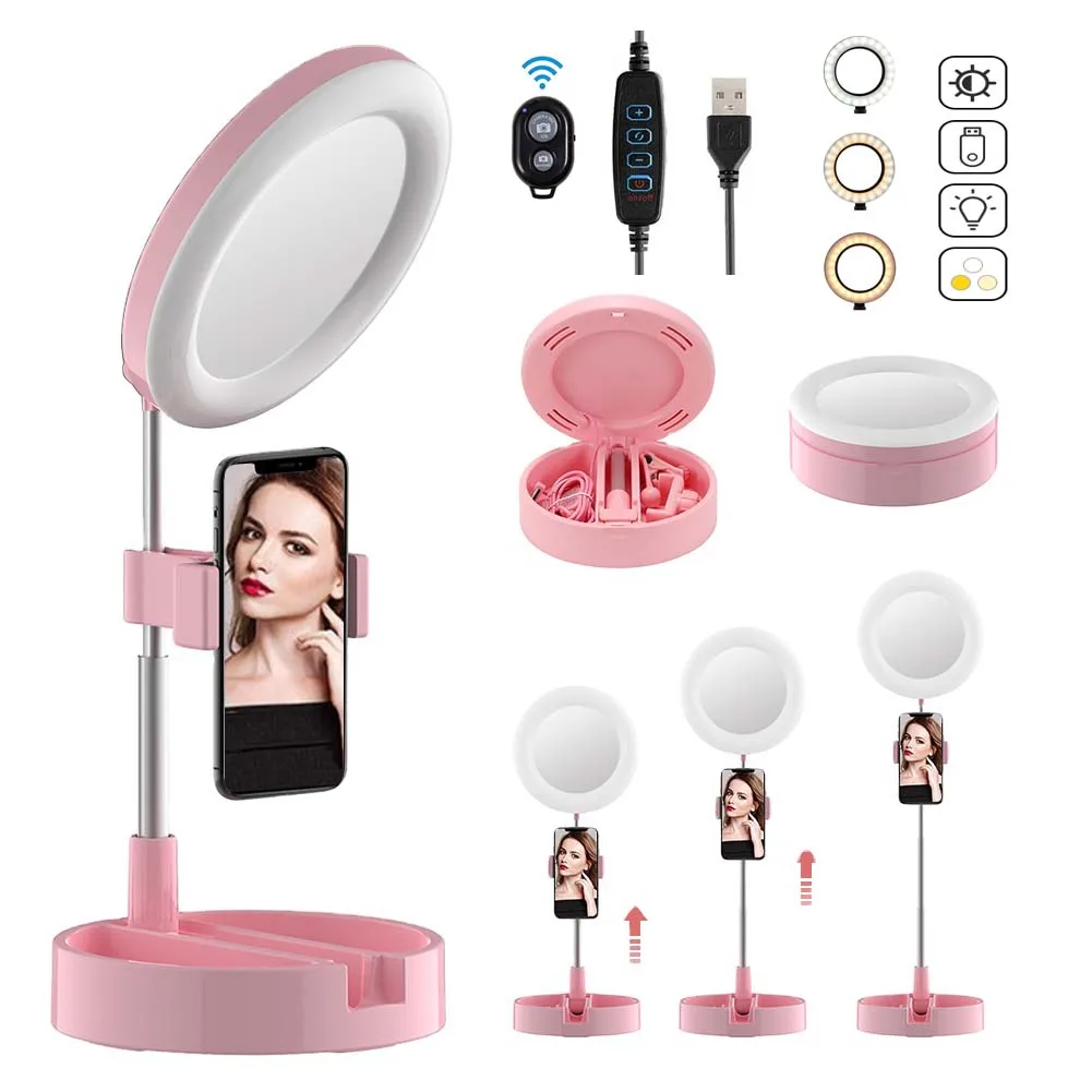 foldable led selfie desktop ring light 6 inch Integrated small ring light with tripod stand 64 leds tiktok ring light