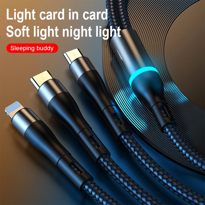 High Quality Nylon Braided 66W 100W 3 in 1 Charging Data Cable Micro USB Type C 5A Fast Charging Cable For Cell Phones