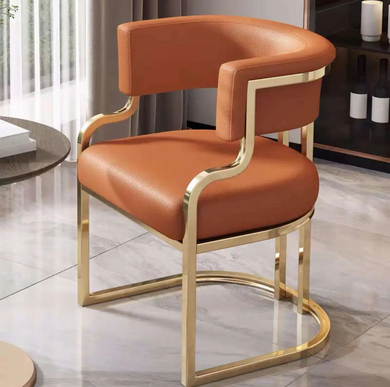 Modern Luxury Cafe Salon Visitor Golden Metal Upholstered Tub Leather Dining Armchair Chairs For Sale