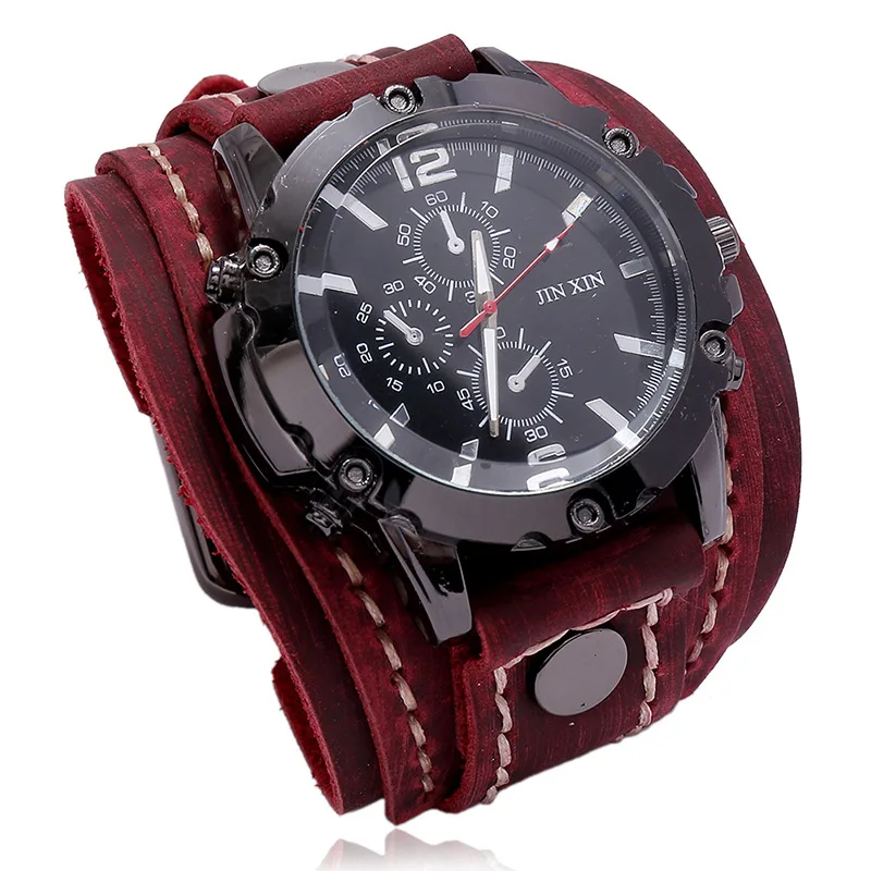 New Vintage Retro Punk Leather Quartz Watch for Men hip hop jewelry Pu leather bracelet Band Round Pointer Quartz Watch