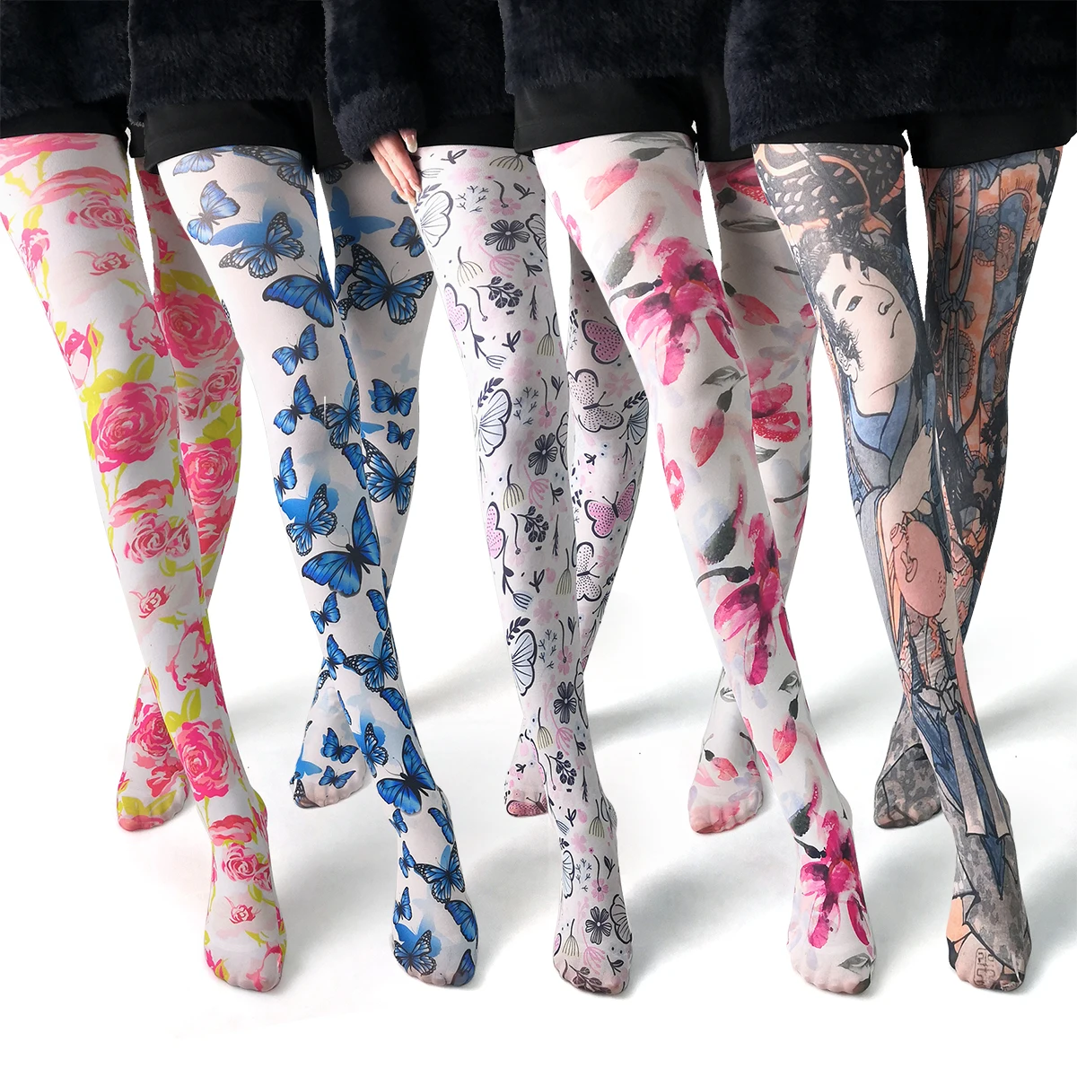 Floral Small Pink Flower Printed Asian Control Top Girl Tube Designer Pantyhose Dot Flower Tights