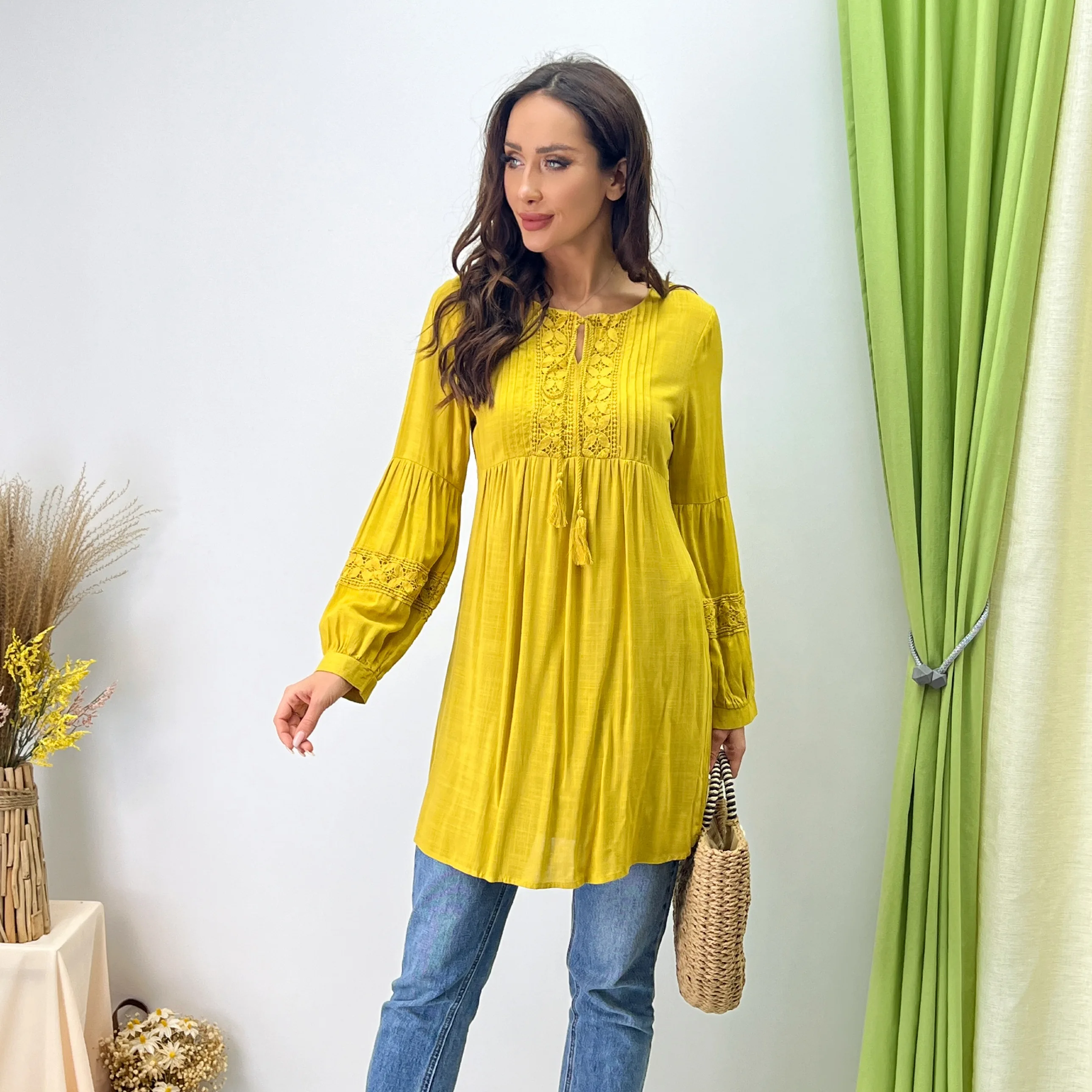 Solid color Cotton mid length skirt round neck lace embroidered fringe autumn elegant lady dress