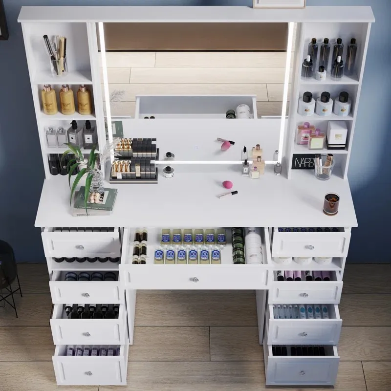 Wholesale European Bedroom Furniture Luxury White Vanity Makeup Table with Light Dressing Table With Mirror