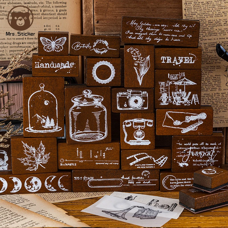 7pcs/box Ephemera Vintage Wooden Rubber Stamp Set DIY Art Crafts Wood Seals Decorative Scrapbooking,Travels Notebooks,Journaling