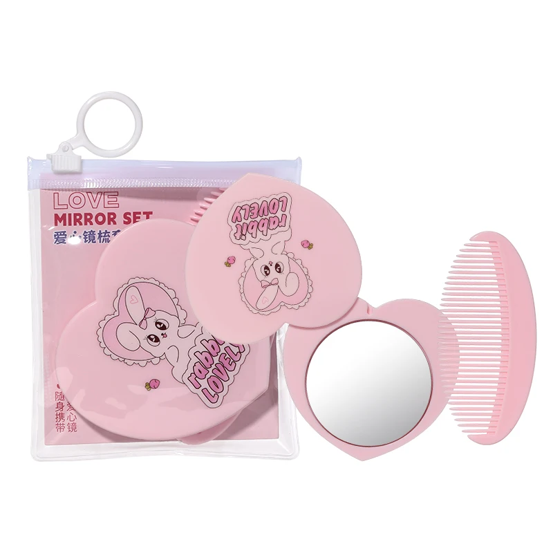LMLTOP 2pcs Mini Travel Size Heart Mirror With Comb Set SY772 Cosmetic Pocket Makeup Mirror With Plastic Comb