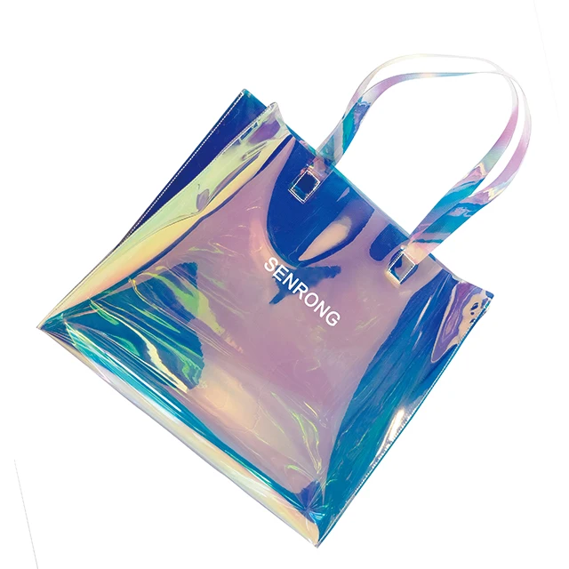 2024 custom fashion pvc clear makeup cosmetic holographic tote bag