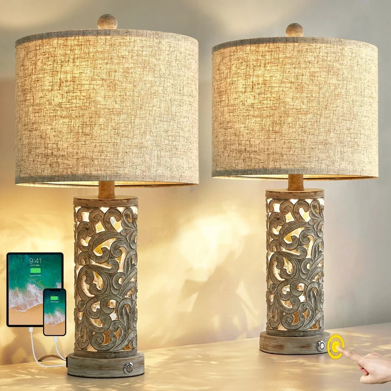 Touch control desk lamp 2-piece set with small night light suitable for living room, bedroom, farmhouse, bedside table lamp